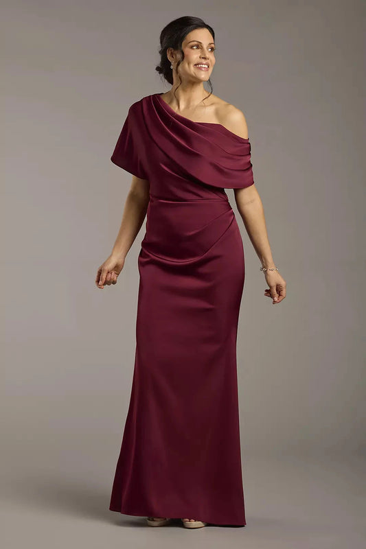 Elegant Satin Mermaid Trumpet Asymmetrical One-Shoulder Draped Short Sleeves Zipper Back Floor-Length Maxi Formal Mother of the Bride Dresses by LANQI DRESS