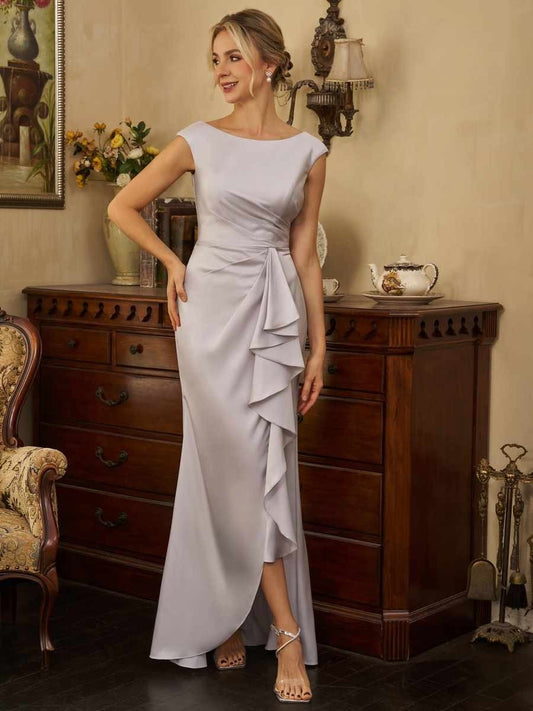 Elegant Satin Sheath Column Boat Neck Sleeveless Cap Sleeves Ruched V-Back Zipper Closure High Slit Floor-Length Maxi Formal Mother of the Bride Dresses by LANQI DRESS
