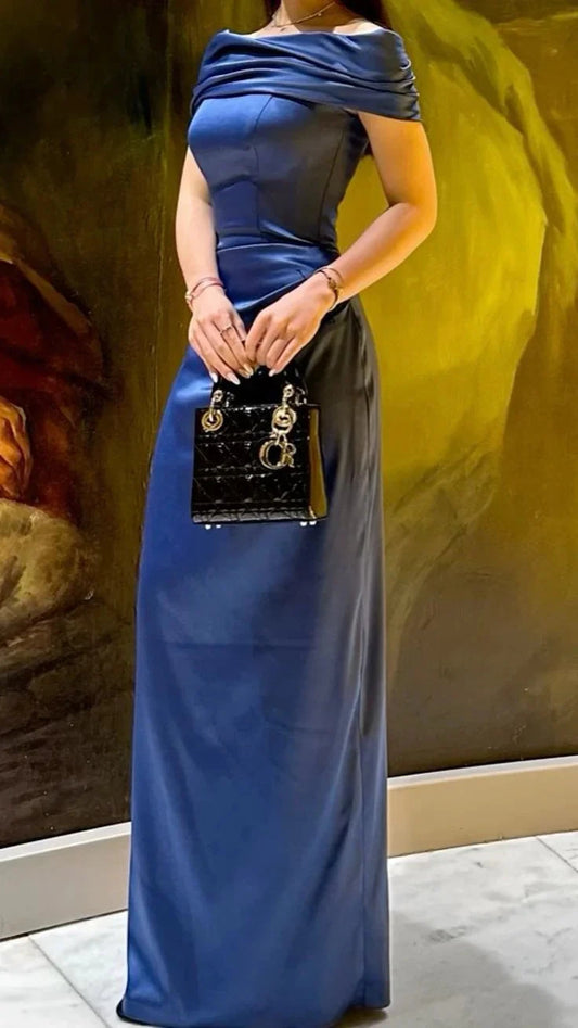 Elegant Sheath Off The Shoulder Navy Blue Satin Prom Dresses Formal Summer Wedding Guest Dresses Wedding Guest Outfits simple gentle atmospheric and unique desi Bring summer colors to enhance whiteness by YiHuiw