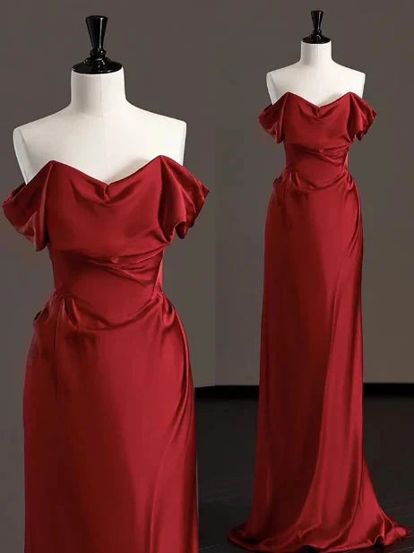 Elegant Sheath Off The Shoulder Red Satin Prom Dresses Formal Summer Wedding Guest Dresses Wedding Guest Outfits simple gentle atmospheric and unique desi Bring summer colors to enhance whiteness by YiHuiw