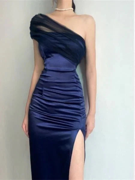 Elegant Sheath One Shoulder Navy Blue Slit Satin Prom Dresses Formal Summer Wedding Guest Dresses Wedding Guest Outfits simple gentle atmospheric and unique desi Bring summer colors to enhance whiteness by YiHuiw