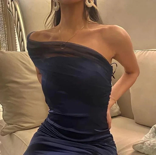 Elegant Sheath One Shoulder Navy Blue Slit Satin Prom Dresses Formal Summer Wedding Guest Dresses Wedding Guest Outfits simple gentle atmospheric and unique desi Bring summer colors to enhance whiteness by YiHuiw