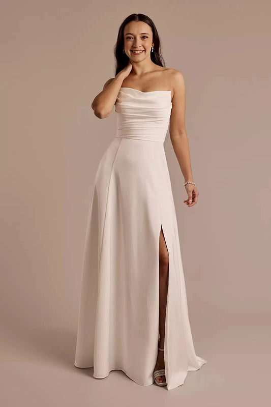Elegant Sheath Strapless Ruched-Satin Bodice High-Slit Open-Back Wedding Dress by YiHuiw