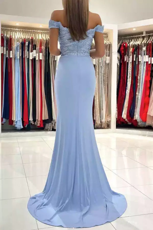 Elegant Sky Blue Mermaid Dress with Off-the-Shoulder Lace Bodice & Train