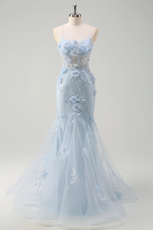 Élégante Robe de Soirée Sirène à Bretelles Fines, Col en V, Fleurs 3D Brodés et Dos Laçage