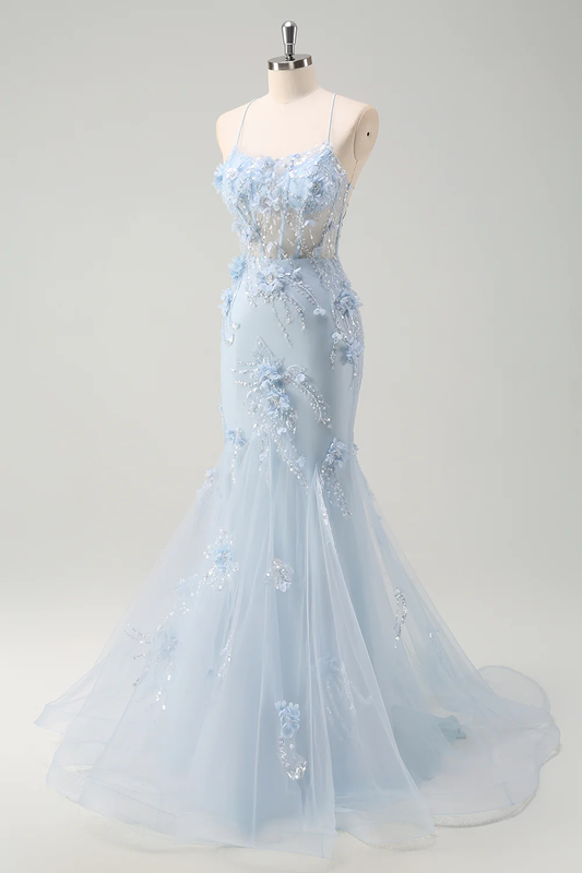Élégante Robe de Soirée Sirène à Bretelles Fines, Col en V, Fleurs 3D Brodés et Dos Laçage