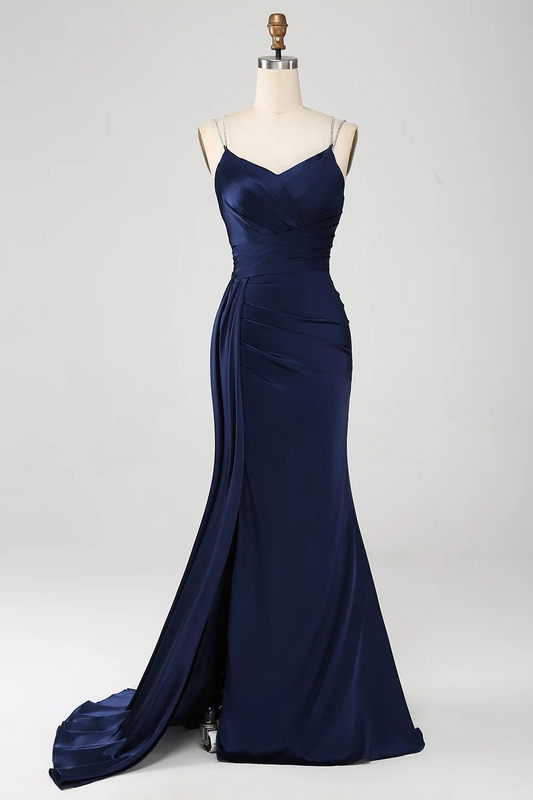 Robe de soirée sirène élégante en satin, à fines bretelles, décolleté en V et dos lacé
