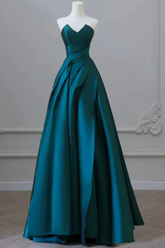 Emerald Green Satin Ball Gown Prom Dress with Sweetheart Neckline
