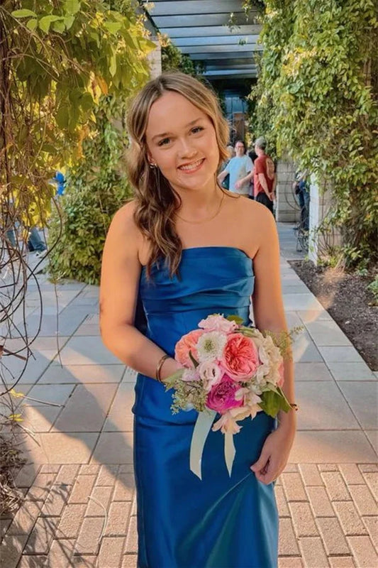 Elegant Strapless Royal Blue Satin Prom Dress with Oversized Back Bow & Floor-Length A-Line Skirt by JiMiss Dresses