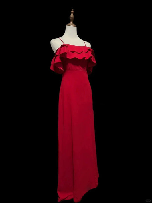 Elegant Sweet Fashion Ruffles Off Shoulder Long Satin Chiffon Ball Gown simple gentle atmospheric and unique desi Bring summer colors to enhance whiteness by YiHuiw
