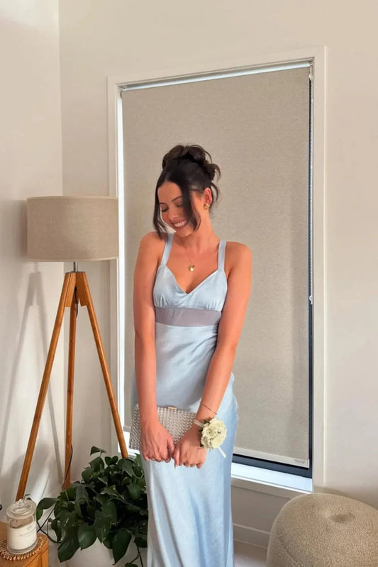 Elegant V-Neck Spaghetti Strap Satin Mermaid Prom Dress with Sheer Waist Panel & Open Tie-Back in Sky Blue by JiMiss Dresses