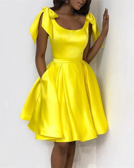 Elegant Yellow Satin Homecoming Dresses Blue Black 8th Grade Prom Dress Wedding Party Dress simple gentle atmospheric and unique desi Bring summer colors to enhance whiteness by YiHuiw