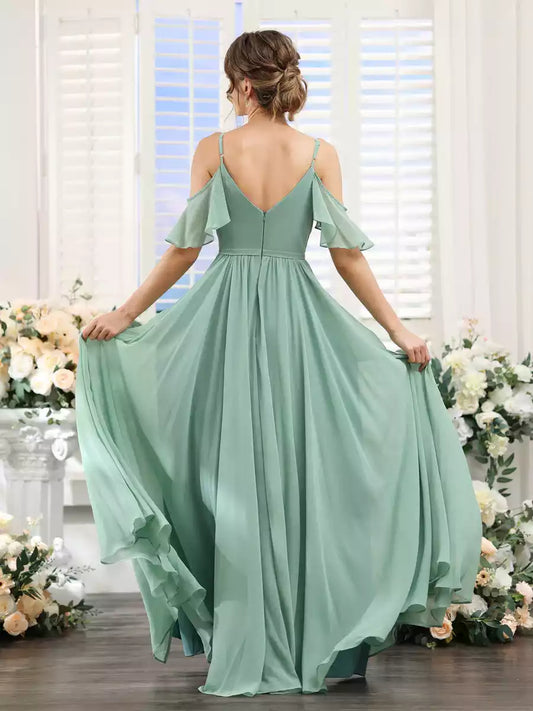 Elegant and charming A-line V-neck camisole short sleeved chiffon Bridesmaid dresses with side slits