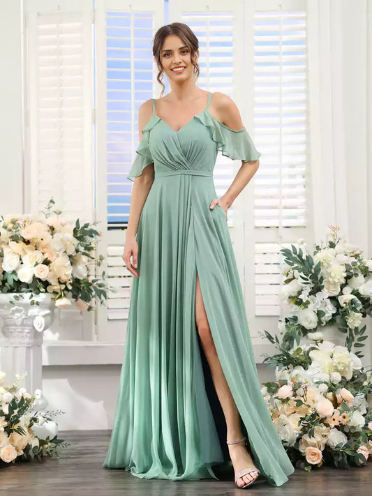 Elegant and charming A-line V-neck camisole short sleeved chiffon Bridesmaid dresses with side slits