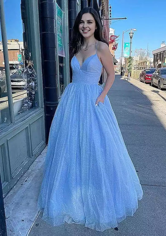 Elegant and charming princess style A-line V-neck long/floor chiffon sequins Prom Dresses