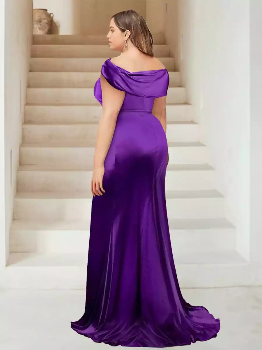 Elegantes vestidos de dama de honor de talla grande estilo sirena/trompa con hombros descubiertos, cola larga, abertura lateral y bordes de volantes