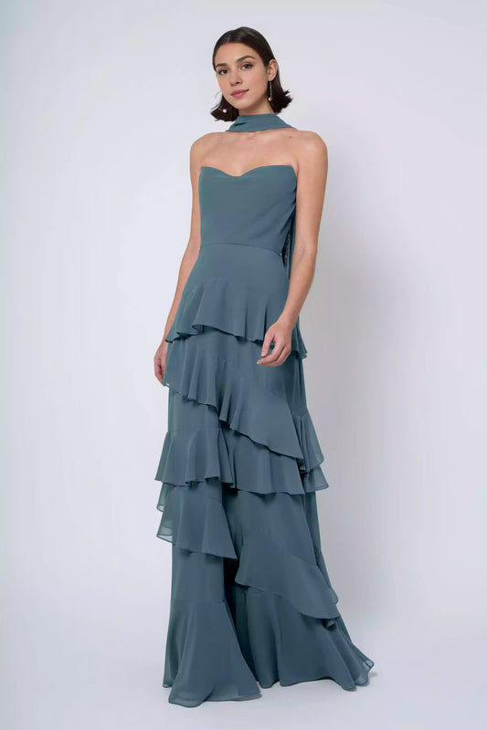 Elegant luxury chiffon strapless scarf collar A-line ruffled edge back mid zip Prom Dresses