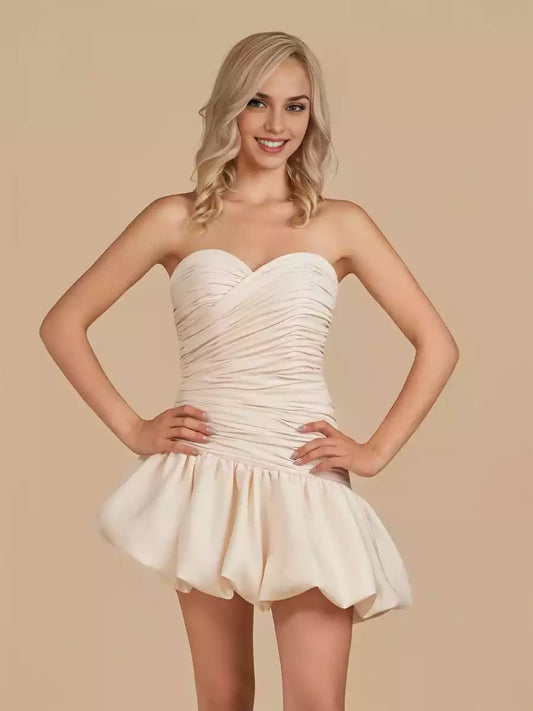 Elegant off shoulder collar satin A-line silhouette pleated sleeveless zipper back Homecoming Dresses