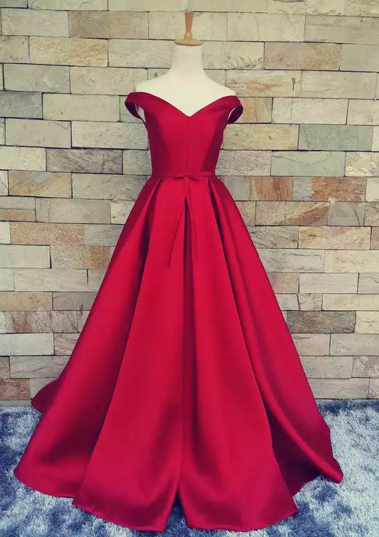 Elegant off shoulder trailing satin sleeveless V-neck and floor highlighting elegant temperament Prom Dresses