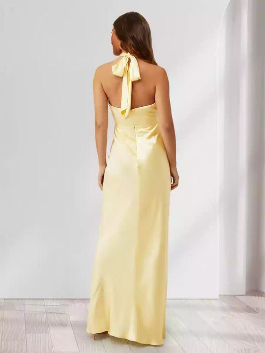 Elegant slim fit/straight tube backless suspender with hollowed out long Bridesmaid Dresses