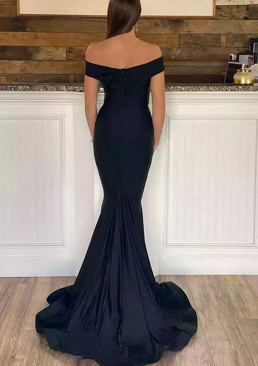 Elegant trumpet/mermaid style off shoulder short sleeved trailing knit Prom Dresses