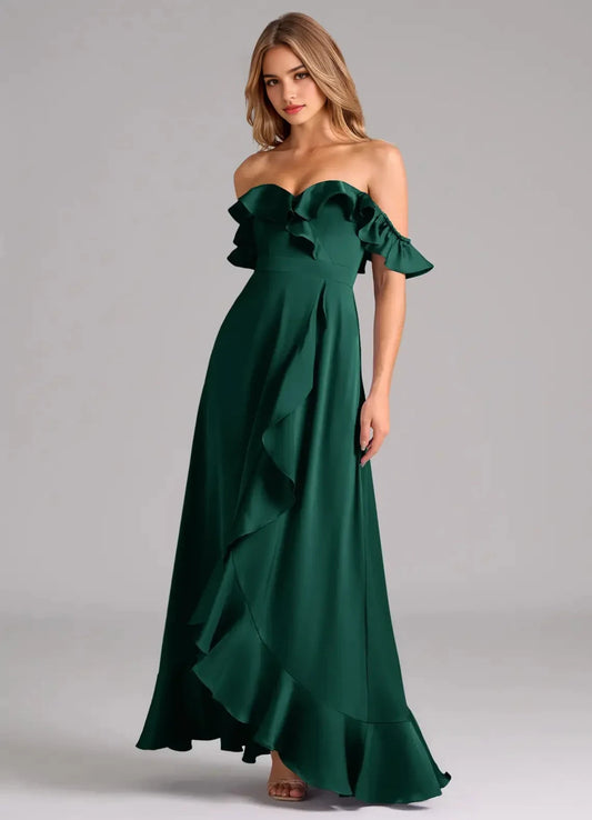 Emerald Green Off-Shoulder Ruffled Maxi Dress A-Line Off the Shoulder Stretch Satin Convertible Dress Bridesmaid Dresses by YiHuiw