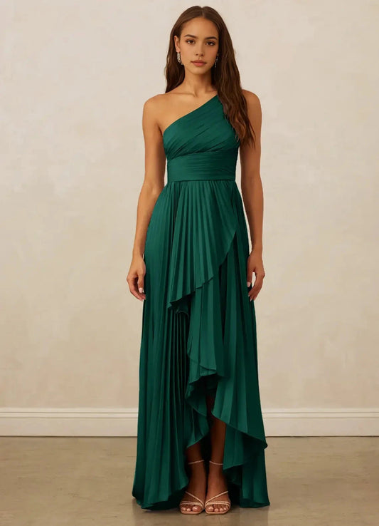 Emerald Green One-Shoulder Pleated Maxi Dress with Ruffled Detail A-Line One Shoulder Stretch Satin Dress Bridesmaid Dresses by YiHuiw
