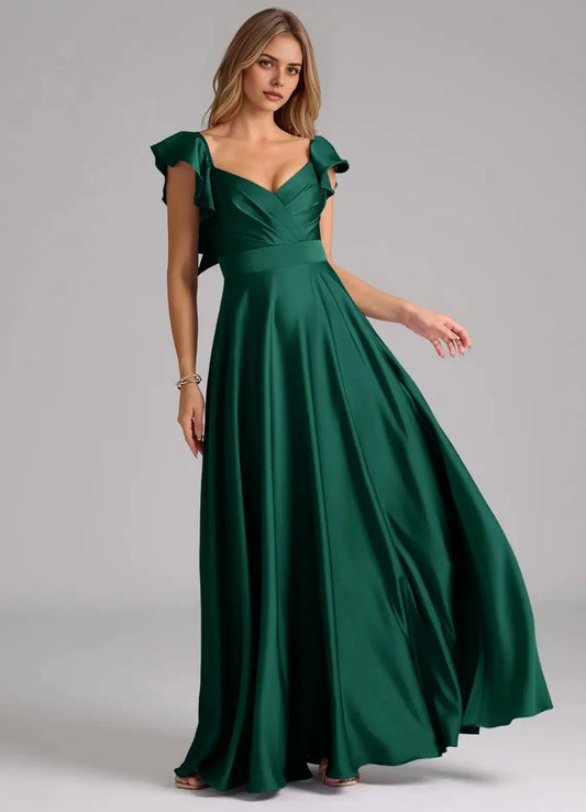 Emerald Green Ruffled Strap Maxi Dress A-Line Ruched Stretch Satin Dress Bridesmaid Dresses by YiHuiw