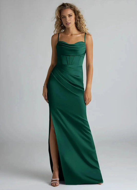 Emerald Green Satin Maxi Dress with Bow Back and Side Slit Sheath Pleated Stretch Satin Dress Bridesmaid Dresses by YiHuiw