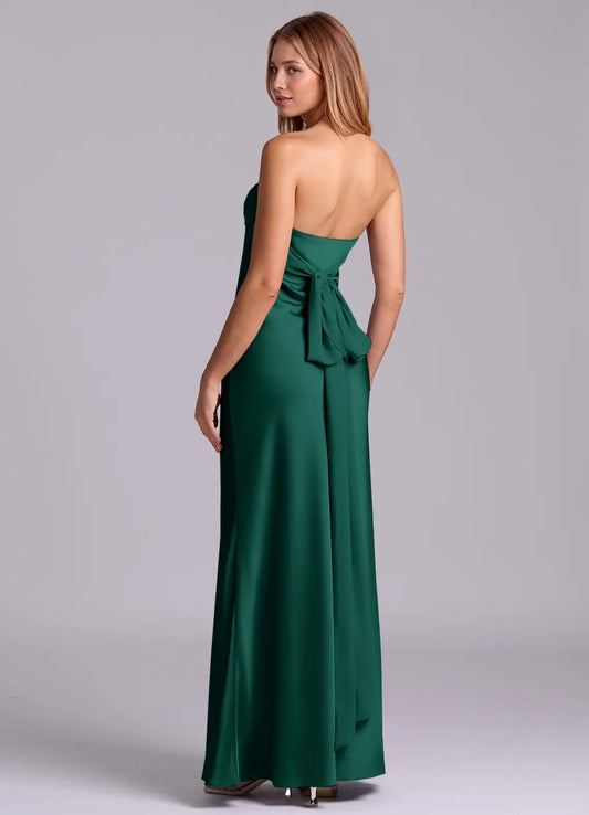 Green Mermaid Strapless Satin Ruched Floor-Length Wedding Dress - Yihuiw by Yihuiw