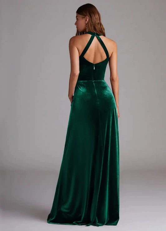 Emerald Green Velvet Halter Neck Evening Gown with Side Slit A-Line with Pockets Velvet Bridesmaid Dresses by YiHuiw