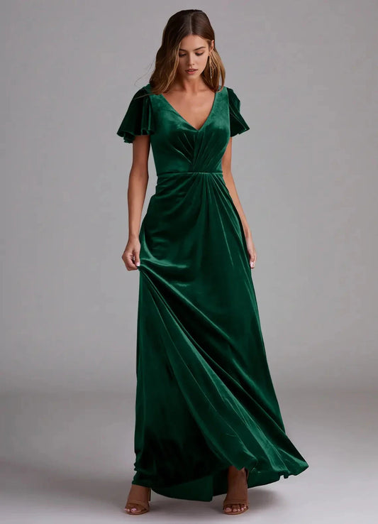 Emerald Green Velvet V-Neck Evening Gown with Flutter Sleeves A-Line Bridesmaid Dresses by YiHuiw