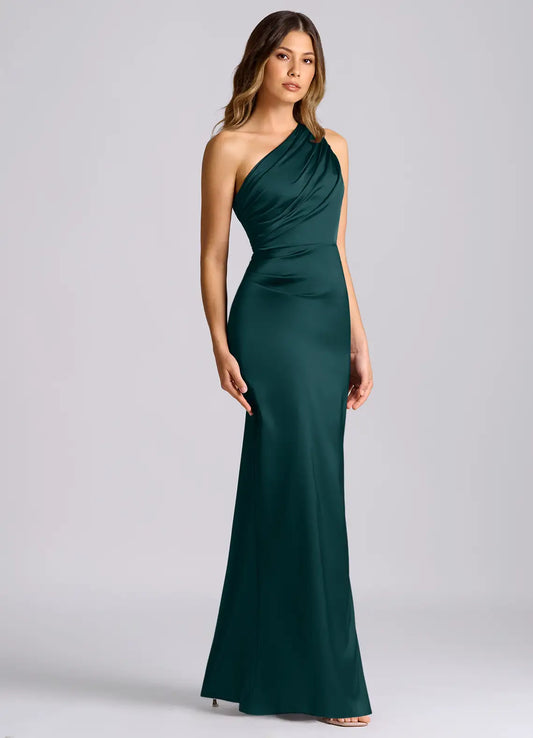 Mermaid One-Shoulder Satin Draped Floor-Length Wedding Dress - Yihuiw by Yihuiw