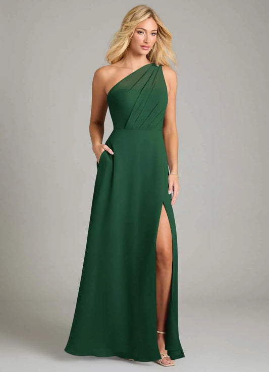 A-Line One-Shoulder Chiffon High Slit Floor-Length Wedding Dress - Yihuiw by Yihuiw