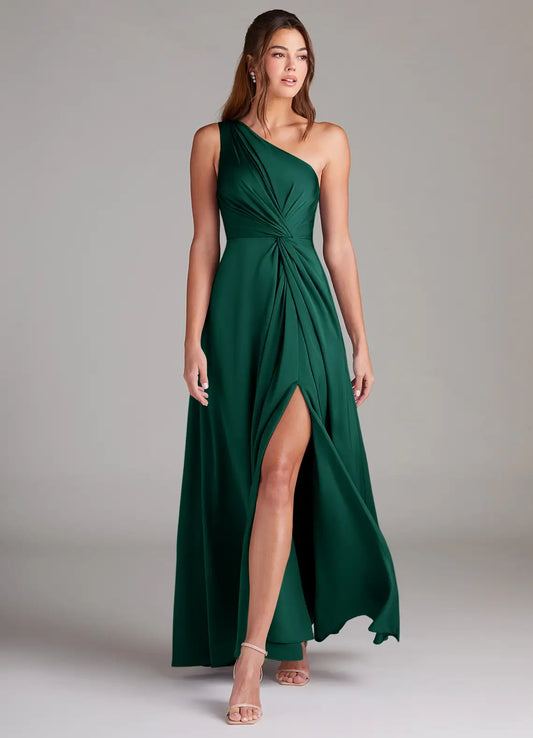 One-Shoulder Satin High Slit Floor-Length Wedding Dress - Yihuiw by Yihuiw