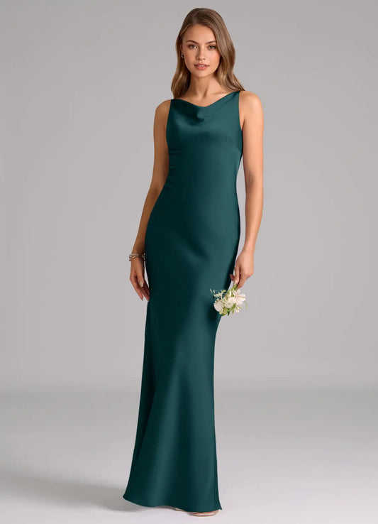 Mermaid Cowl Neck Satin Sleeveless Floor-Length Wedding Dress - Yihuiw by Yihuiw