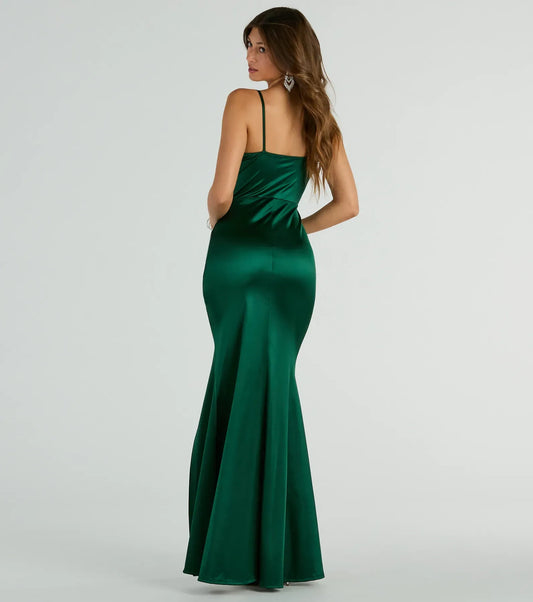 Mermaid Spaghetti Strap Satin High Slit Floor-Length Wedding Dress - Yihuiw by Yihuiw