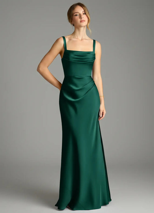 Mermaid Square Neck Satin Pleated Floor-Length Wedding Dress - Yihuiw by Yihuiw