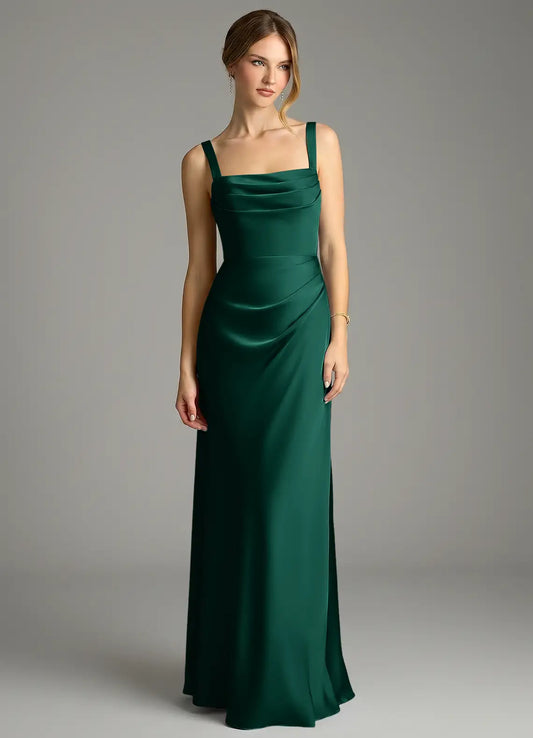 Mermaid Square Neck Satin Pleated Floor-Length Wedding Dress - Yihuiw by Yihuiw