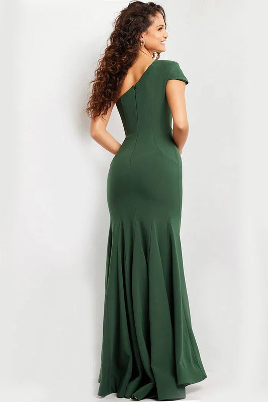Emerald Green One-Shoulder Mermaid Evening Dress with Folded Sleeve Detail and Pleated Back Train