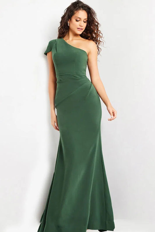 Emerald Green One-Shoulder Mermaid Evening Dress with Folded Sleeve Detail and Pleated Back Train