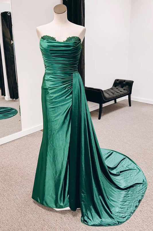 Emerald Green Satin Strapless Long Formal Dresses with Train simple gentle atmospheric and unique desi Bring summer colors to enhance whiteness by YiHuiw