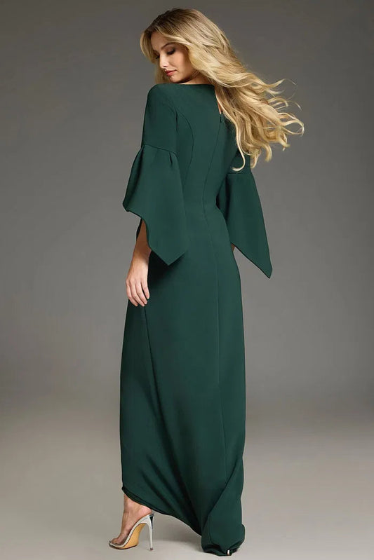 Emerald Green Square Neck Evening Dress with Bell Sleeves, Wrap Skirt and Front Slit