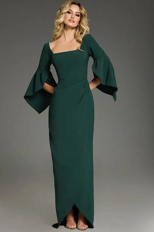 Emerald Green Square Neck Evening Dress with Bell Sleeves, Wrap Skirt and Front Slit