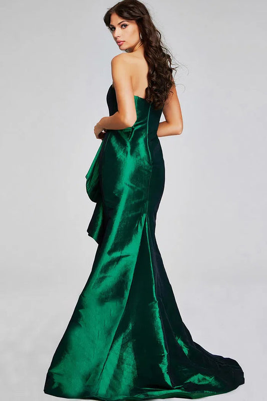 Emerald Green Strapless Metallic Satin Mermaid Evening Dress with Asymmetric Ruffle and Cathedral Train