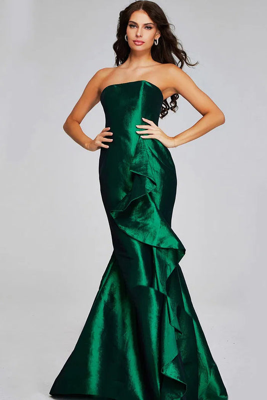 Emerald Green Strapless Metallic Satin Mermaid Evening Dress with Asymmetric Ruffle and Cathedral Train