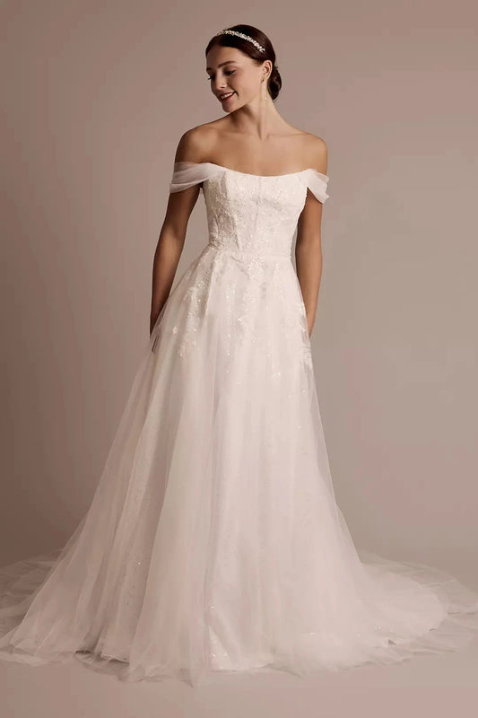Enchanted Fairytale Ballgown Off-the-Shoulder Sequin-Lace Glitter-Tulle Open-Back Sweeping Train Wedding Dress by YiHuiw