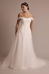 Enchanted Fairytale Ballgown Off-the-Shoulder Sequin-Lace Glitter-Tulle Open-Back Sweeping Train Wedding Dress