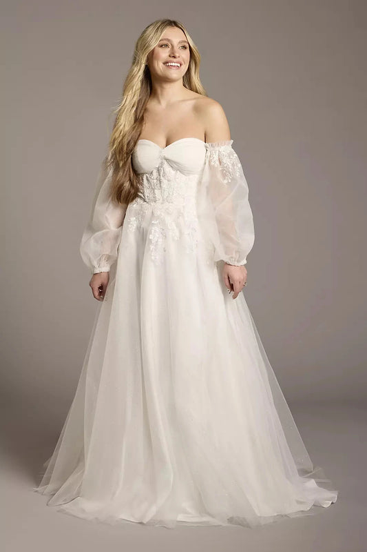 Enchanted Glitter-Tulle A-Line Off-the-Shoulder Puff-Sleeve Lace-Embellished Wedding Dress by YiHuiw