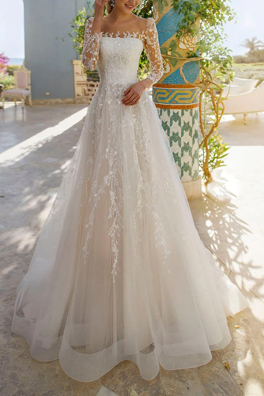 Enchanted Lace Ballgown Square-Neck Sheer-Long-Sleeve Embellished-Train Wedding Dress